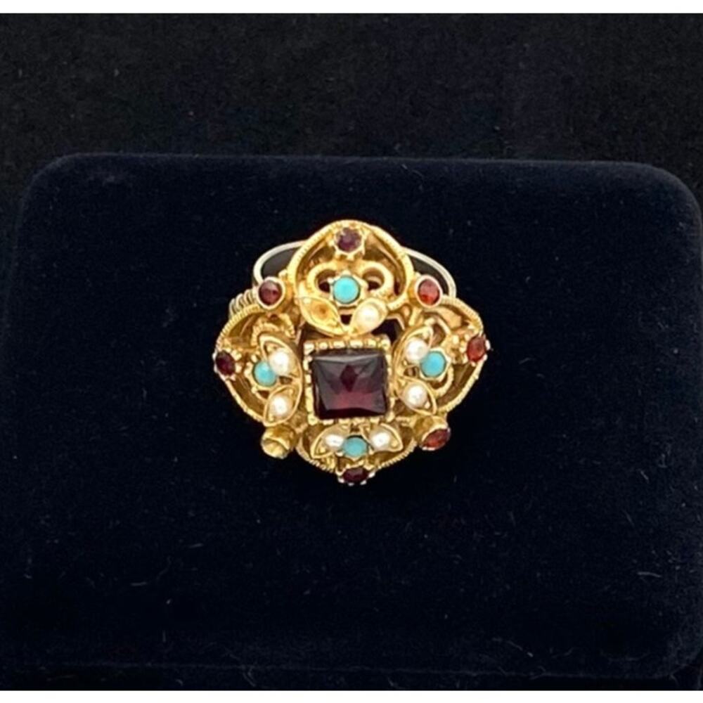 Vintage Florenza Cocktail Ring Jewel Tones Ornate Sz 6.5 Adjustable Signed READ